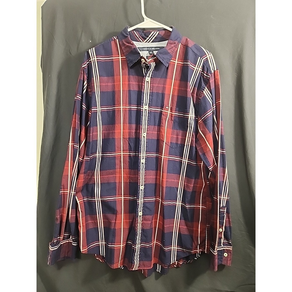 Tommy Hilfiger Mens L Cotton Flannel Button Down Shirt Plaid Red Navy Americana